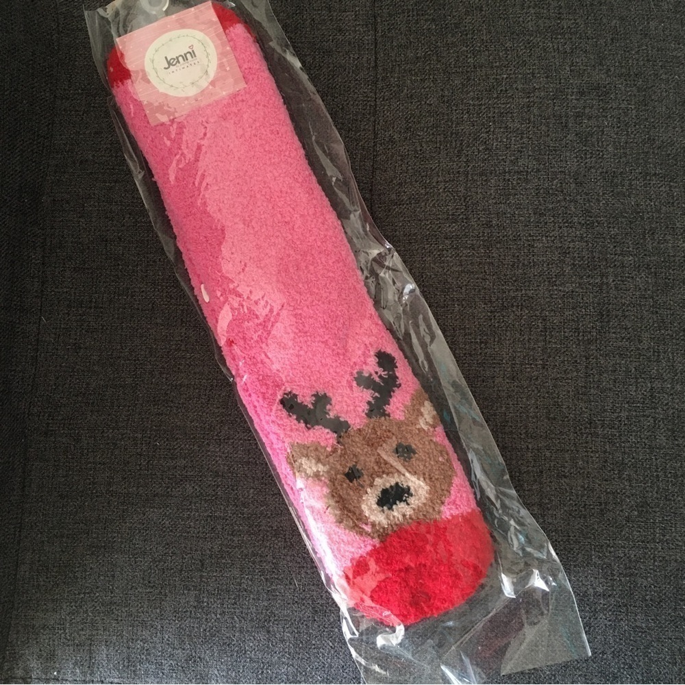 Cozy, Plush Reindeer Holiday Socks, Pink, Red